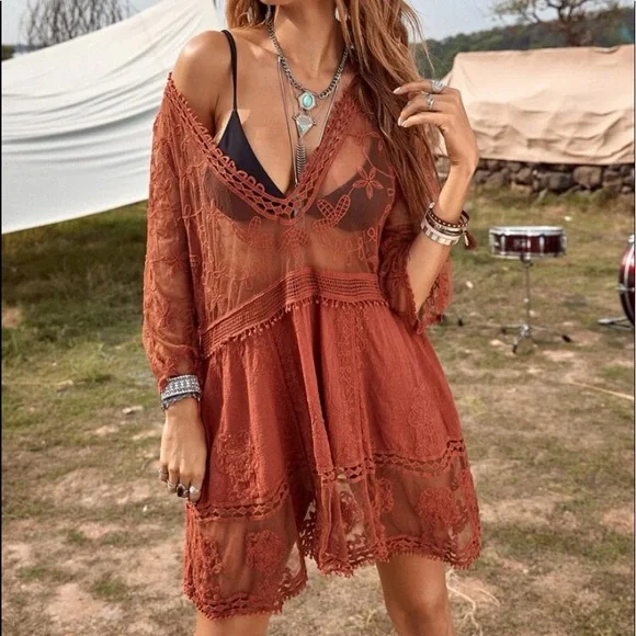Bohemian Floral Embroidered Beach Cover up Burnt Orange - Picture 1 of 12